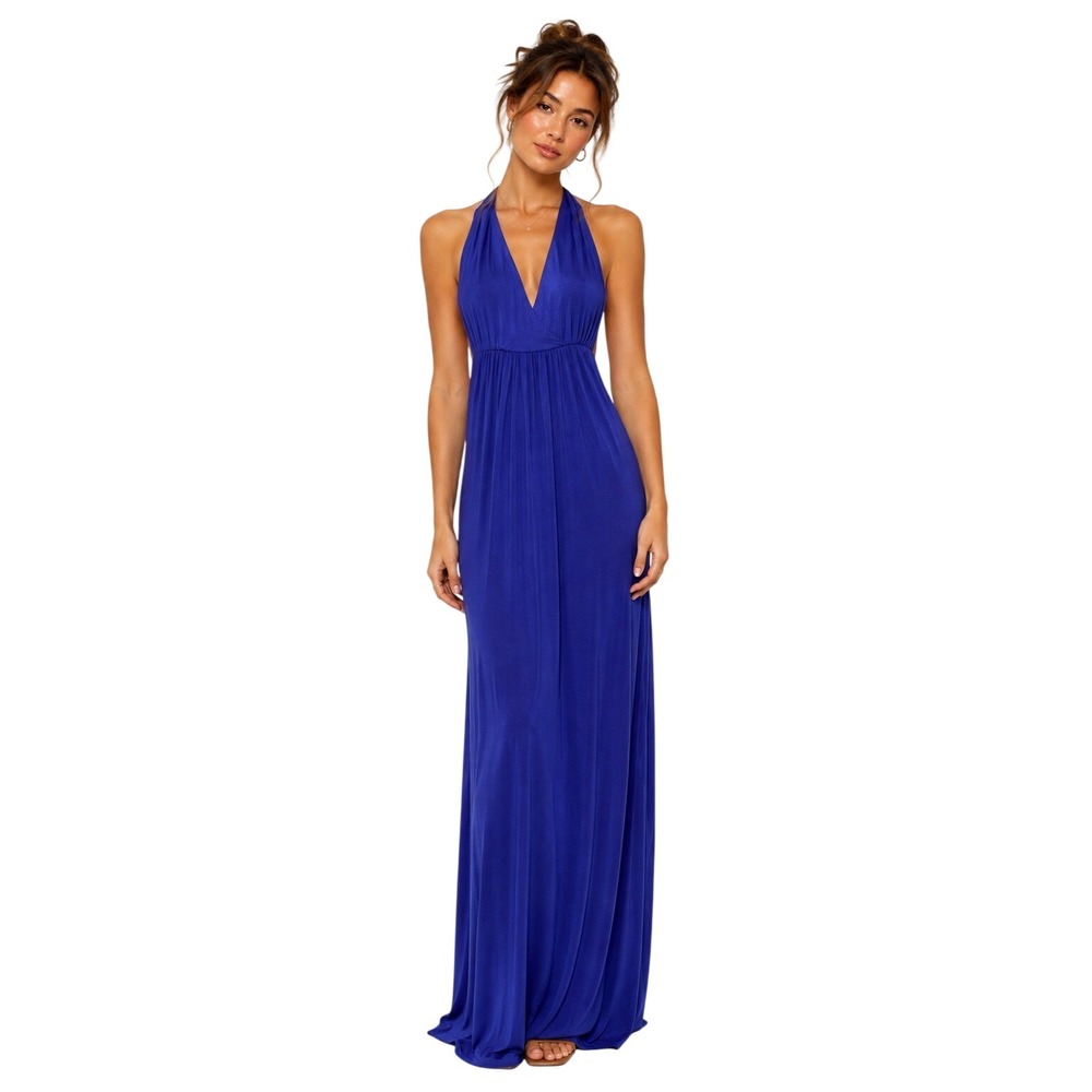 Deletta Womens Maxi Dress Small Royal Blue Halter V-Neck Open Back Y2K